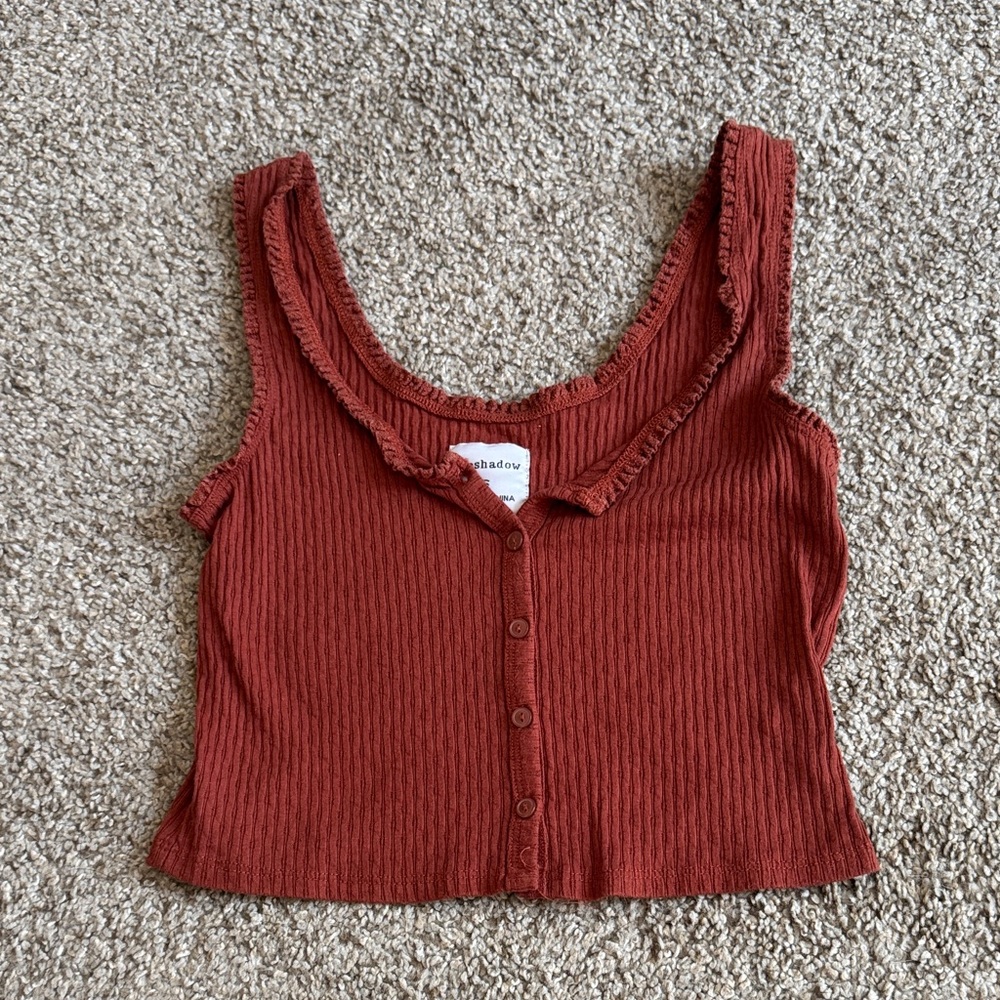 Eyeshadow Terracotta Button-Up Crop Top